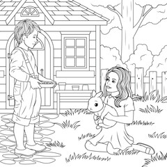 Vector illustration, children in the garden feeding a rabbit