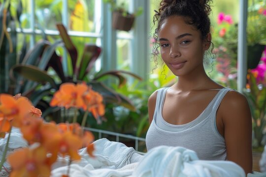 A young woman smiles gently in a greenhouse surrounded by vibrant flowers, conveying a sense of serenity and natural beauty