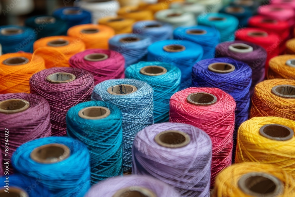 Poster a diverse collection of colorful thread spools displayed for sale showing the variety offered in a f