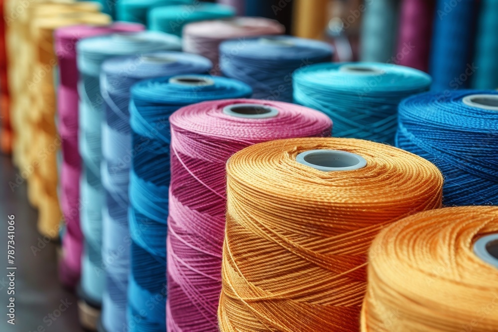 Poster close-up image capturing the texture and colors of thread spools in a sewing shop or textile industr