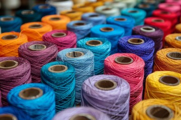A diverse collection of colorful thread spools displayed for sale showing the variety offered in a fabric store