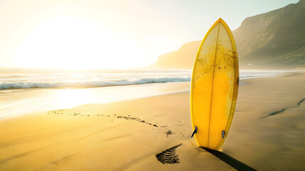 Yellow surfboard on sandy beach with scenic view of seascape against clear sky in the background Copy space unaltered water sports nature sunlight sunset and holiday concept : Generative AI - Powered by Adobe