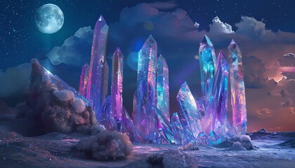 Capture a mystical, ethereal landscape featuring towering iridescent crystals under a moonlit sky, rendered in digital photorealistic techniques - obrazy, fototapety, plakaty