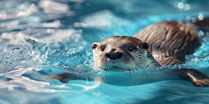 This sharp image highlights an adorable otter swimming elegantly in crystalline blue waters, looking at the camera