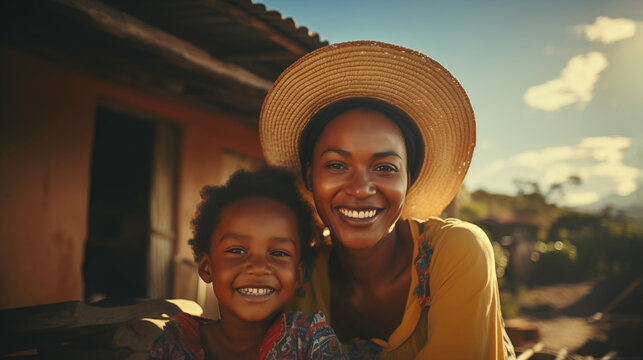 Mom and her afrodescendant children in their country house smiling on a sunny day