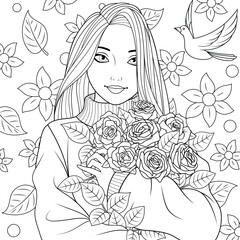Vector illustration, cute beautiful girl with a bouquet of flowers