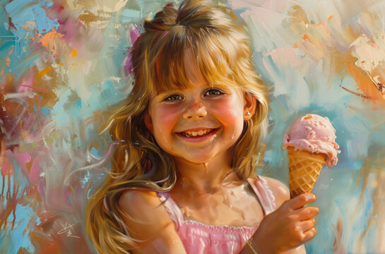 A painted illustration of a little girl holding an ice cream cone and smiling