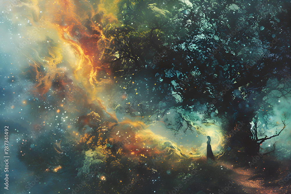 Poster a woman stands in front of a tree in a forest. the sky is filled with stars and the trees are illumi