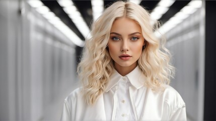 blonde girl white theme fashion generation-z influencer posing for ad product promotion from Generative AI