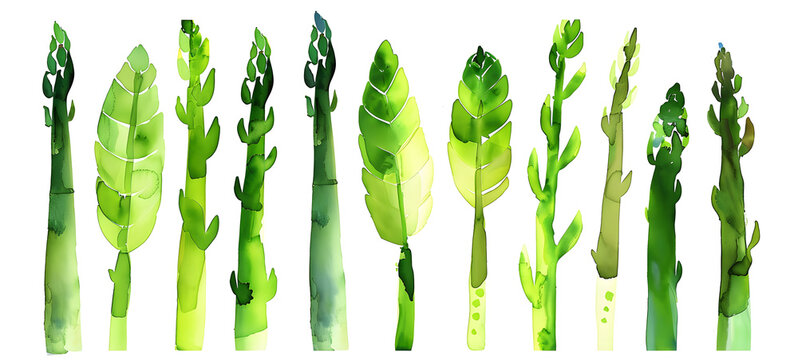 Watercolor asparagus stems. Various green watercolor shades depicting asparagus on white background. Healthy food and vegetarian diet concept