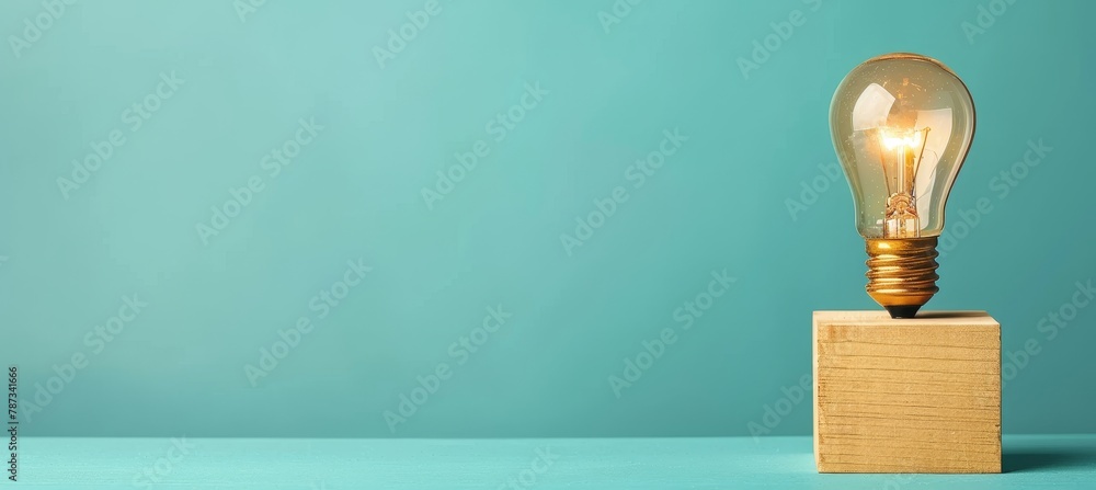 Poster glowing light bulb on block with ample space for adding text on a plain colored background