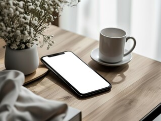 Product mockup of blank white screen Iphone laying down on table 