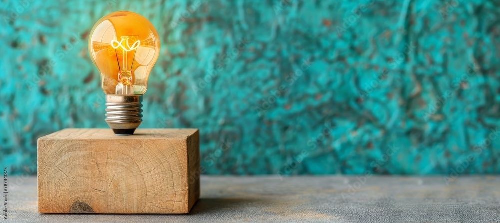 Poster illuminated light bulb on block with space for text on plain background, ideal for adding messages