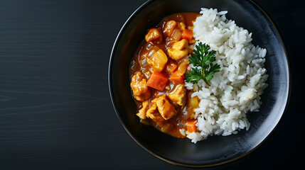 Japanese curry with rice on a black background view from above copy space : Generative AI