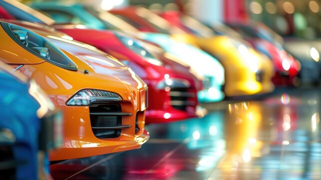 A row of colorful cars in the sport cars showroom. Generate AI image