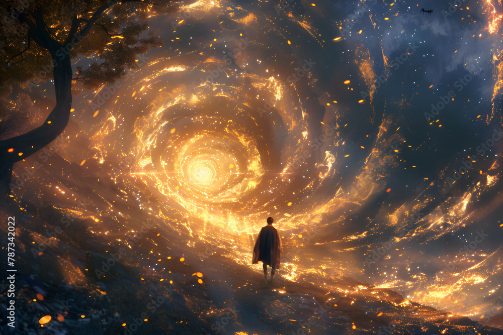Poster a person is walking through a spiral tunnel with a bright orange glow. the scene is surreal and myst