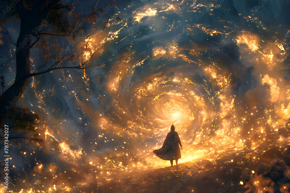Poster a person is walking through a spiral tunnel with a bright orange glow. the scene is surreal and myst