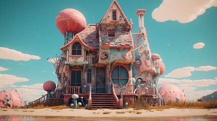 an image of a house that seems to exist in a parallel universe, with AI-generated elements adding surreal and abstract patterns to its exterior