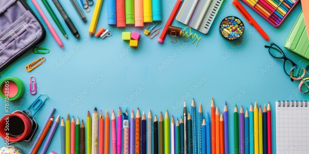 Poster a composition of various school supplies arranged neatly on a desk, creating a backdrop for back-to-