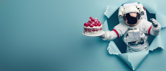 Astronaut appears through a torn blue paper, presenting an appetizing cake adorned with red berries