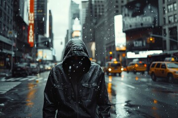 A person clad in a hooded jacket, back facing the camera, walks alone on a snowy city street, capturing the solitude of urban life in winter.