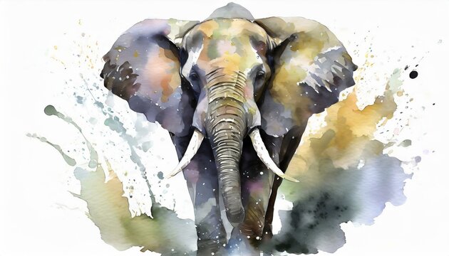 enchanting elephant in a stunning watercolor portrayal. The artwork comes to life with expressive splashes of watercolor paint.Png.Isolated