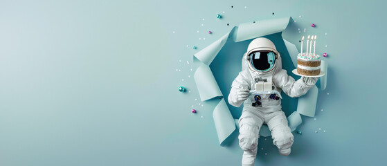 This engaging image features a cosmonaut offering a birthday cake through a jagged paper opening