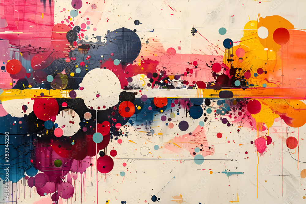 Aufkleber a colorful painting with many circles and splatters of paint. the painting is abstract and has a lot