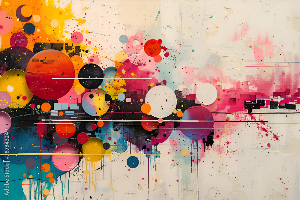 Aufkleber a colorful painting with many circles and splatters of paint. the painting is abstract and has a lot