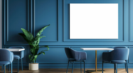 Minimalist interior design of meeting room in office in classic style with blue wooden wall panels and empty white screen or board on the wall.
