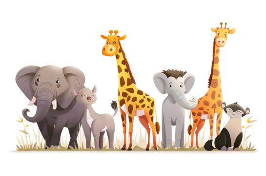 cartoon picture of animals on safari on a white background. No shadows