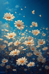 Fototapeta na wymiar Serene Field of White Daisies Under a Clear Blue Sky With Fluttering Butterflies