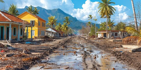 town coved with mud after big rain and floods, climate change crisis and extreme weather concept, Generative Ai - obrazy, fototapety, plakaty