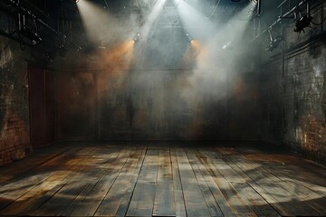 An empty stage with dramatic lighting, spotlights beaming down through haze, wooden flooring - obrazy, fototapety, plakaty