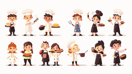 Set of Baker Waiter Chef Barista eating people. Cute