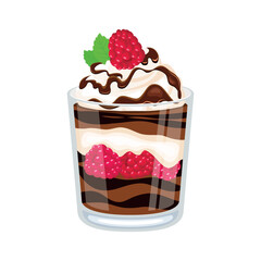 Chocolate Raspberry Parfait vector illustration. Delicious layered chocolate creamy dessert in a glass icon vector isolated on a white background. Raspberry chocolate cake in a jar drawing