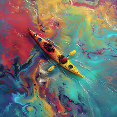 Vibrant kayak gliding in liquid with fish and marine life beneath