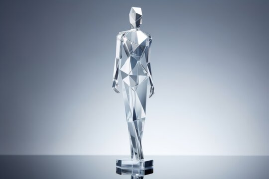A perfect body shape of a female mannequin statue which is made from glass, is walking with confidence and carrying a white bag in a white room with a reflective floor. Generative AI.