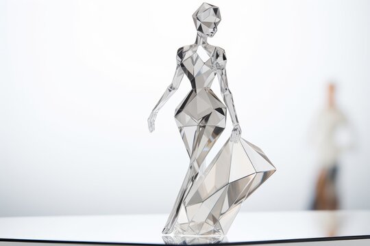 A perfect body shape of a female mannequin statue which is made from glass, is walking with confidence and carrying a white bag in a white room with a reflective floor. Generative AI.