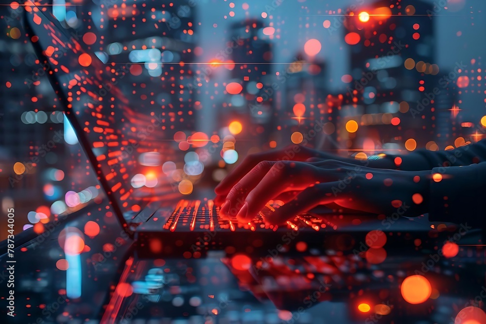 Poster a close-up view of hands typing on a laptop keyboard with a glowing screen