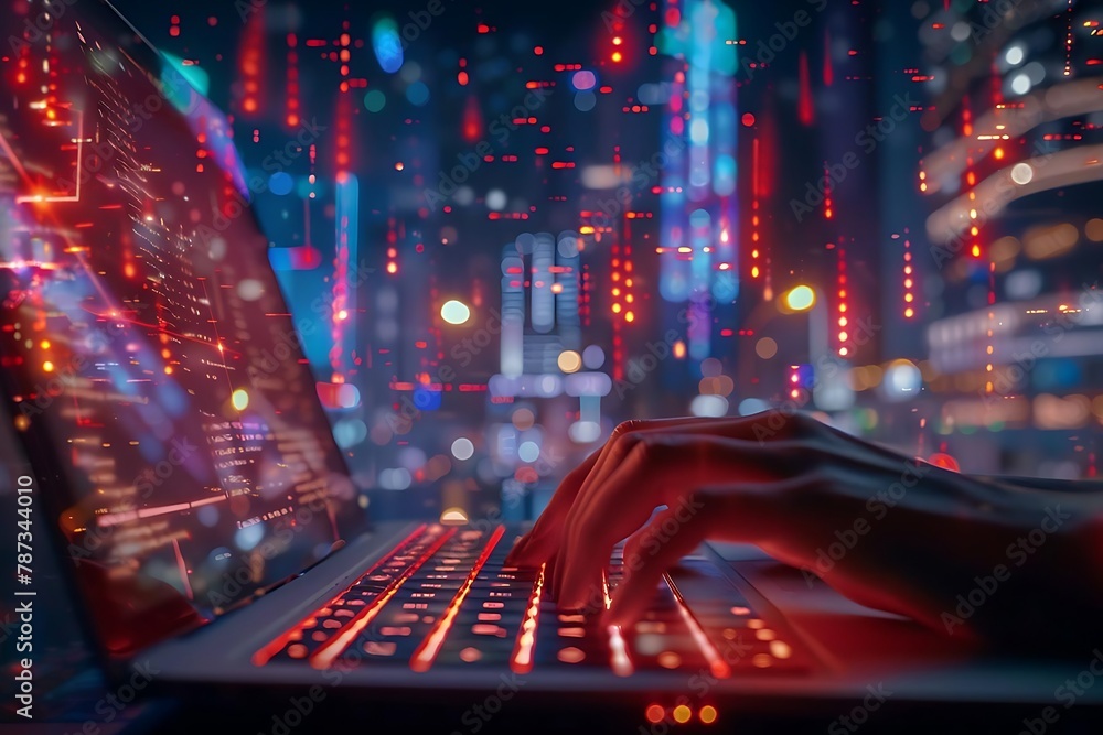 Poster a close-up view of hands typing on a laptop keyboard with a glowing screen