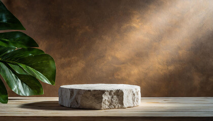 Stone podium for product presentation. Abstract pedestal. Brown background. 3D rendering.