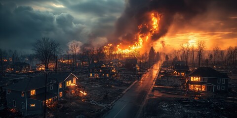 town burning by wildfire with flame black cloud and smoke, climate change crisis and extreme weather concept, Generative Ai