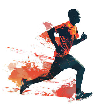 Cut out black man athlete marathon runner wearing sportswear in motion, red paint brushstroke and splashes effect.