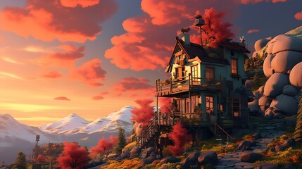 an image where an AI painter uses a digital palette to add vibrant colors to a house, resulting in a surreal and immersive environment