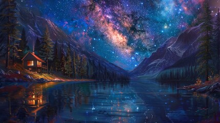 A starry night sky over a colorful lake, with the Milky Way stretching across the heavens, and a solitary cabin illuminated by the soft glow of moonlight.