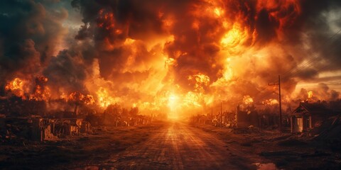 Naklejka premium town burning by wildfire with flame black cloud and smoke, climate change crisis and extreme weather concept, Generative Ai