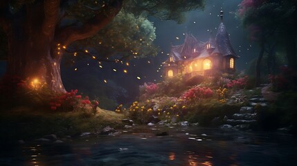 a digital artwork where a house transforms into an enchanted forest, with AI artists responsible for the magical transition - obrazy, fototapety, plakaty