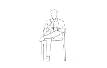 Continuous one line drawing of businessman sitting cross-legged looking at tablet, business analysis concept, single line art.