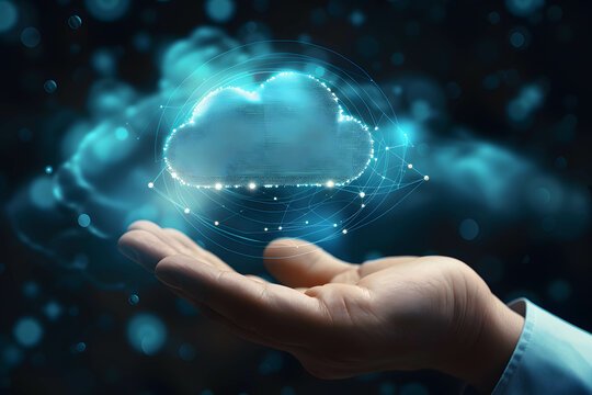 Cloud computing technology concept, data storage server and system, cloud icon floating on hand
